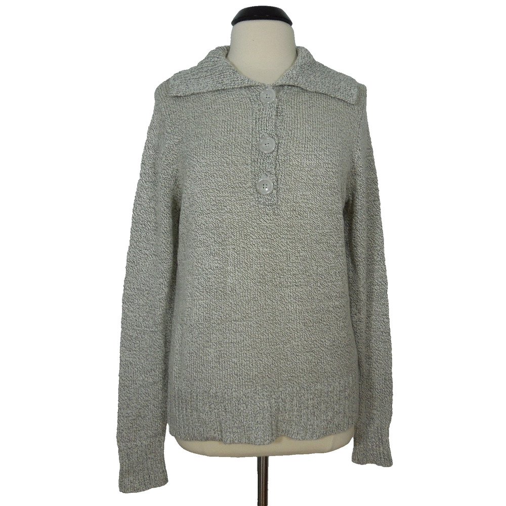 ST. JOHN'S BAY Knit Sweater L LARGE Womens Gray Collared Half Way Buttons